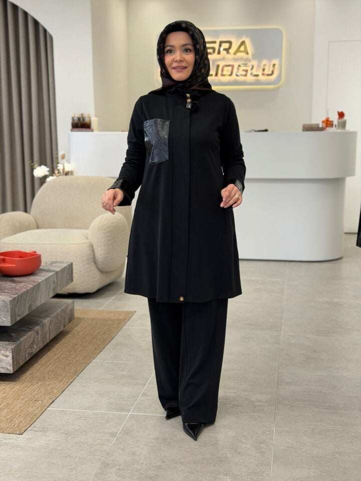 ESSWAAP ÖRGÜ DESEN DERİ GARNİLİ KREP PANTOLONLU TAKIM