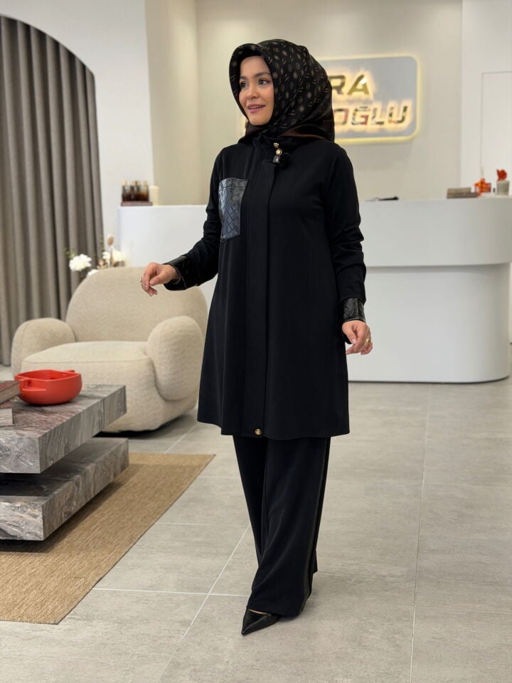 ESSWAAP ÖRGÜ DESEN DERİ GARNİLİ KREP PANTOLONLU TAKIM