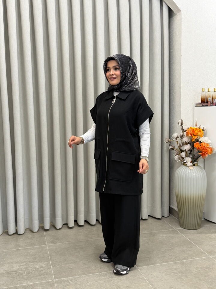 ARMİNE TREND PAMUK TENCEL YELEKLİ TAKIM SİYAH