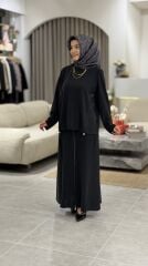 ESSWAAP DERİ GARNİLİ KREP ETEKLİ TAKIM SİYAH