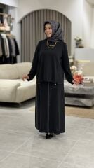 ESSWAAP DERİ GARNİLİ KREP ETEKLİ TAKIM SİYAH