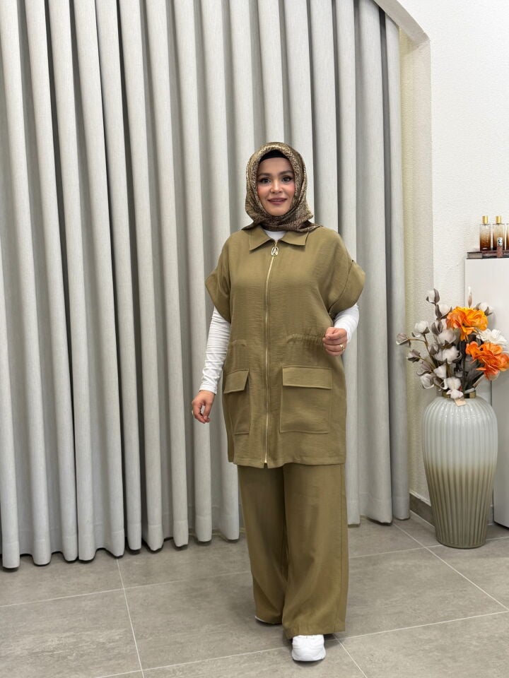 ARMİNE TREND PAMUK TENCEL YELEKLİ TAKIM HAKİ
