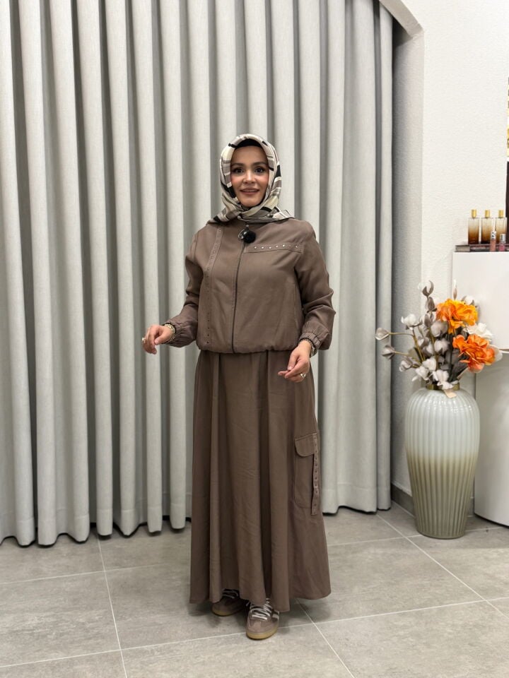 ARMİNE TREND PAMUK TENCEL BOMBER CEKETLİ ETEKLİ TAKIM VİZON
