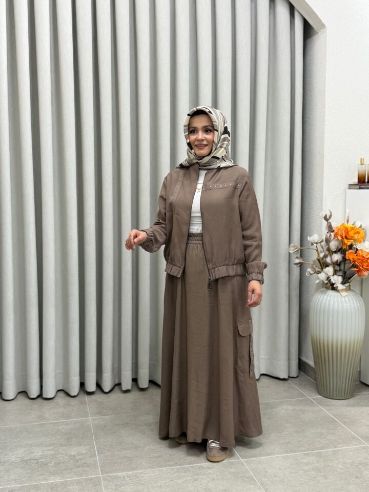ARMİNE TREND PAMUK TENCEL BOMBER CEKETLİ ETEKLİ TAKIM VİZON