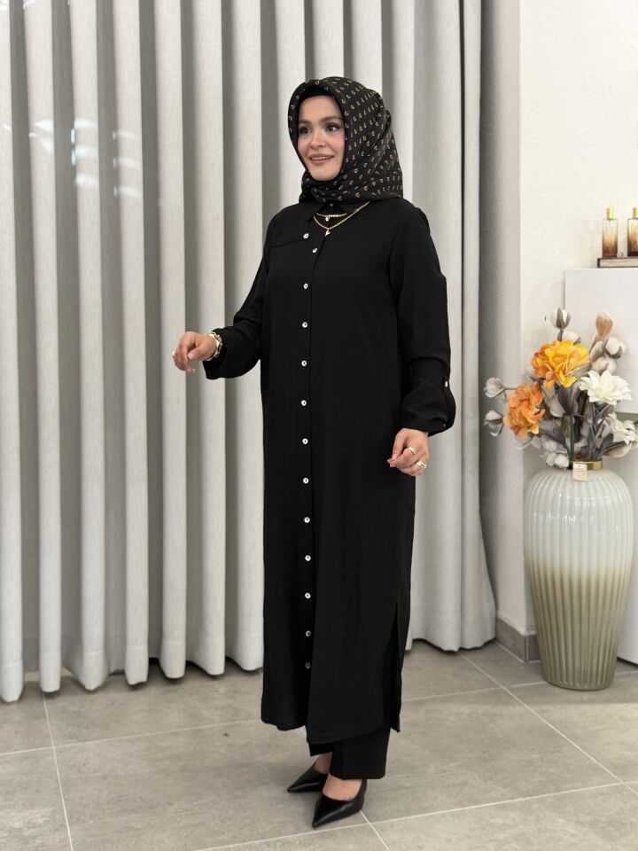 ARMİNE TREND ÇİLEK KUMAŞ TAM BOY GÖMLEK SİYAH