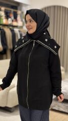 TIĞ TRİKO DENİZCİ YAKA ÖNDEN FERMUARLI DİKME TAŞLI TRİKO HIRKA SİYAH
