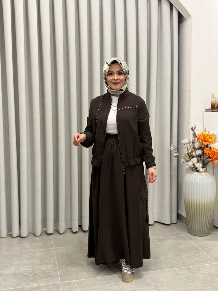 ARMİNE TREND PAMUK TENCEL BOMBER CEKETLİ ETEKLİ TAKIM KAHVERENGİ