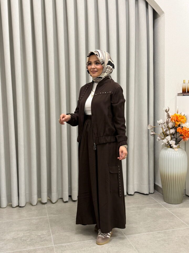 ARMİNE TREND PAMUK TENCEL BOMBER CEKETLİ ETEKLİ TAKIM KAHVERENGİ