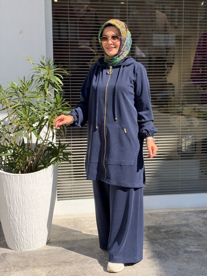 AYŞE AKAY KAPİŞONLU PANTOLONLU MODAL TAKIM LACİVERT