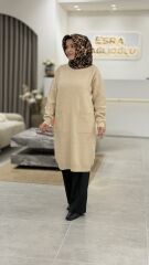 TIĞ TRİKO SIFIR YAKA CEPLİ TRİKO TUNİK BEJ