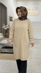 TIĞ TRİKO SIFIR YAKA CEPLİ TRİKO TUNİK BEJ
