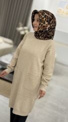 TIĞ TRİKO SIFIR YAKA CEPLİ TRİKO TUNİK BEJ