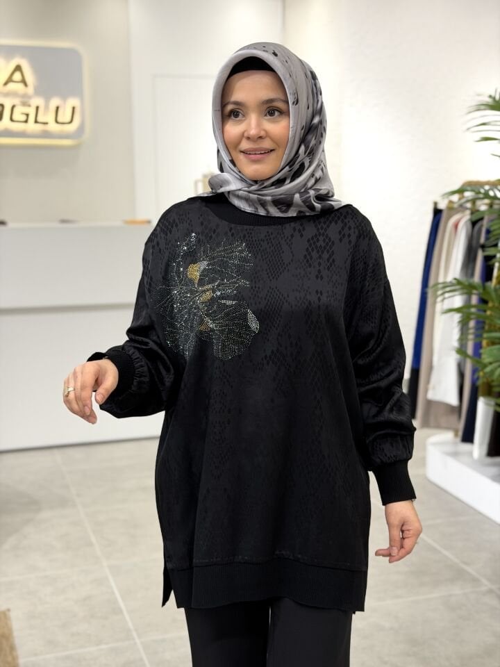 TIĞ TRİKO RİBANA DETAYLI TUNİK SİYAH