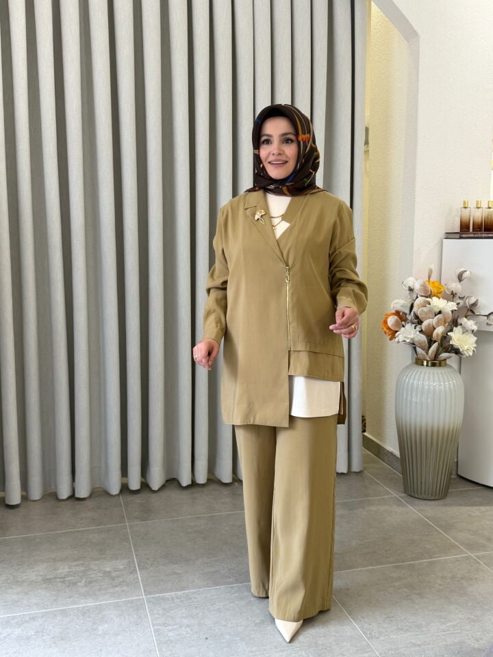 TIĞ TRİKO ASİMETRİK KESİM 3'LÜ TAKIM YAĞ YEŞİLİ