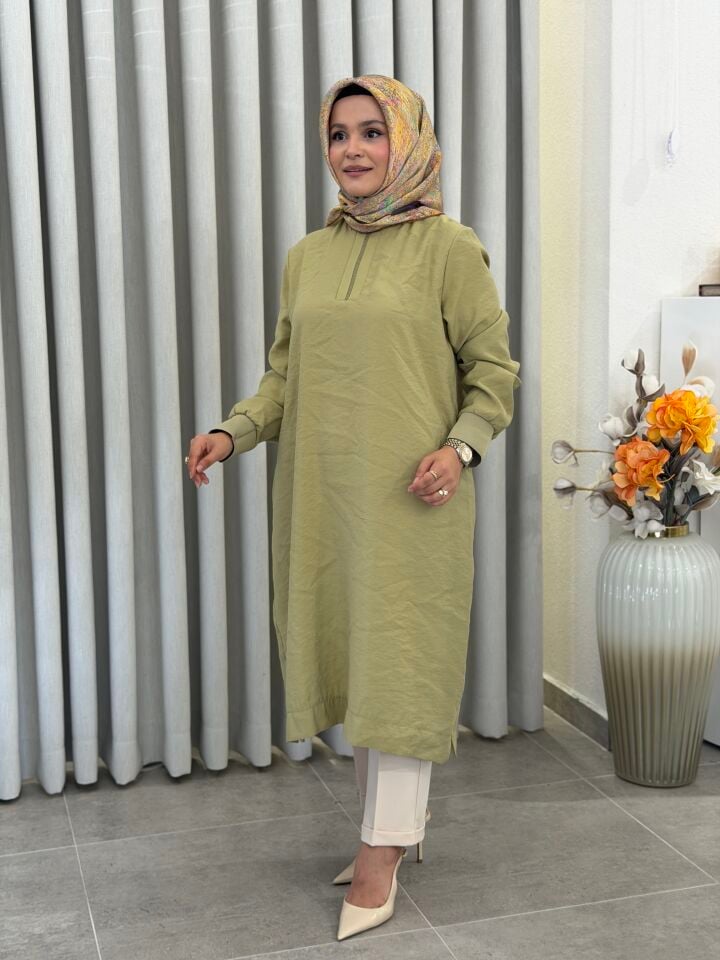 ARMİNE TENCEL KUMAŞ TAM BOY TUNİK YAĞ YEŞİLİ