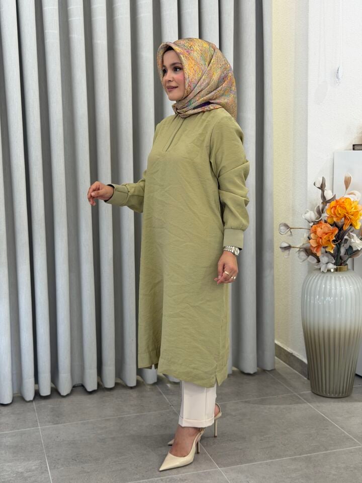 ARMİNE TENCEL KUMAŞ TAM BOY TUNİK YAĞ YEŞİLİ