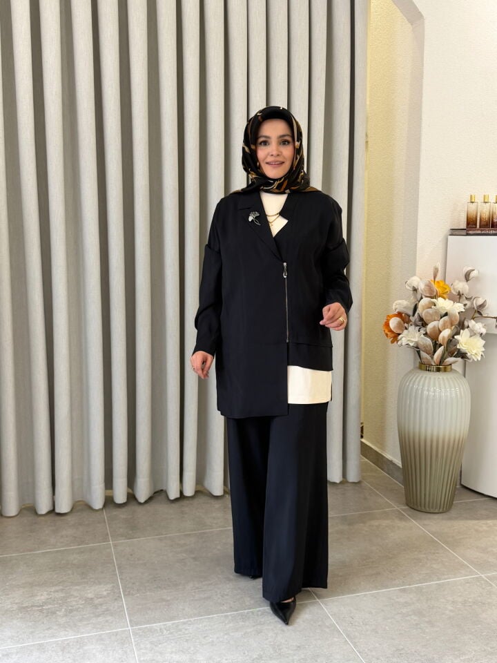 TIĞ TRİKO ASİMETRİK KESİM 3'LÜ TAKIM SİYAH