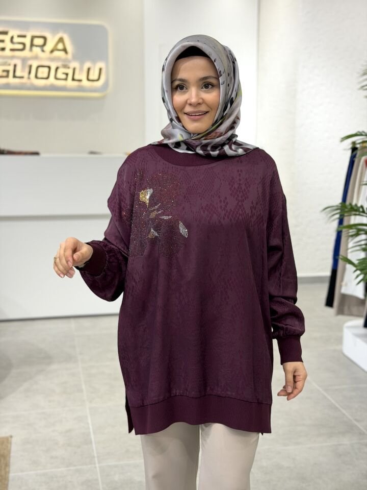 TIĞ TRİKO RİBANA DETAYLI TUNİK MÜRDÜM