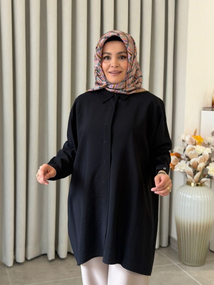 KADO TENCEL OVERSİZE GÖMLEK SİYAH