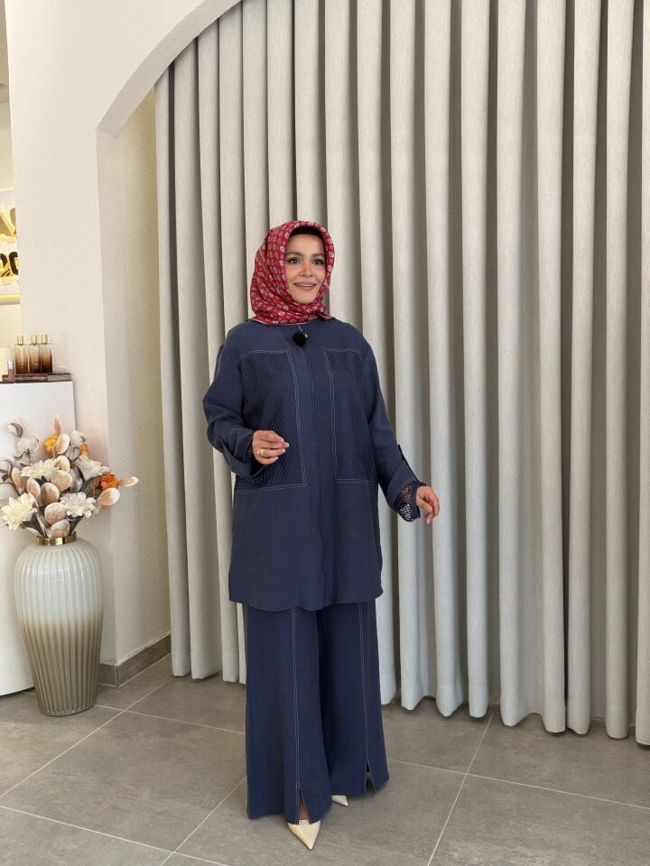 AVENNA PAMUK TENCEL FİLE DETAYLI PANTALONLU TAKIM İNDİGO