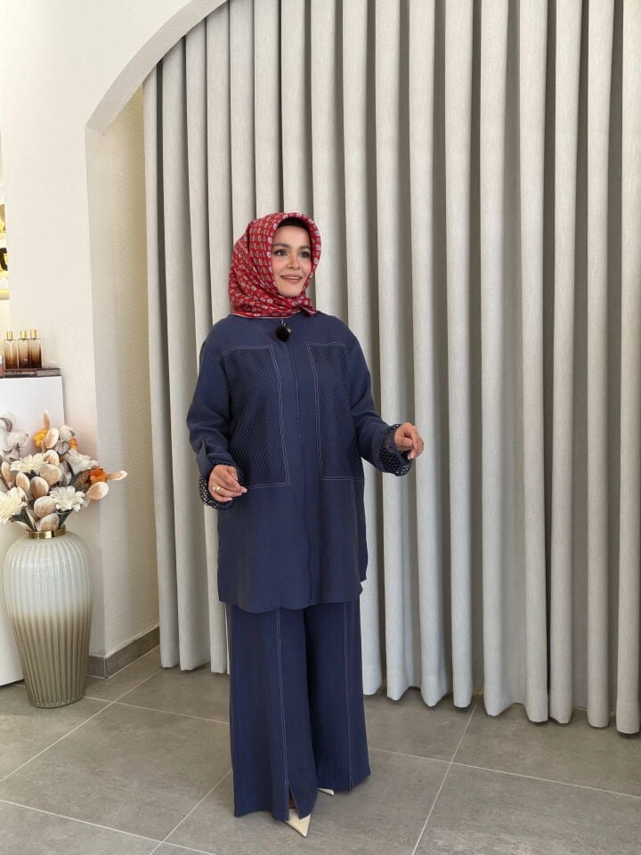 AVENNA PAMUK TENCEL FİLE DETAYLI PANTALONLU TAKIM İNDİGO