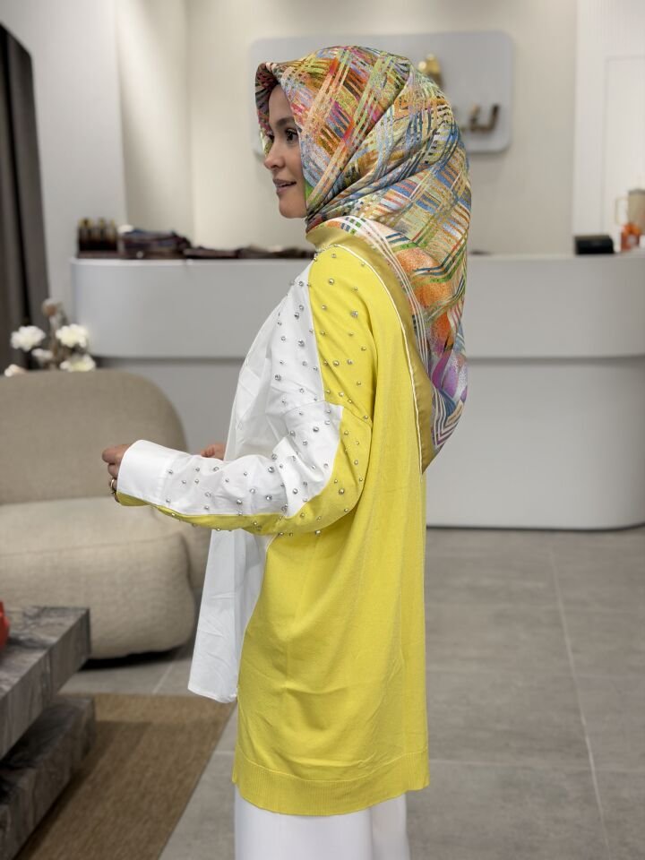 TIĞ TRİKO KOMBİNLİ TAŞLI GÖMLEK SARI