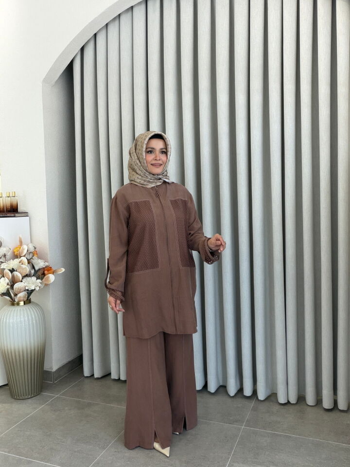 AVENNA PAMUK TENCEL FİLE DETAYLI PANTALONLU TAKIM TARÇIN