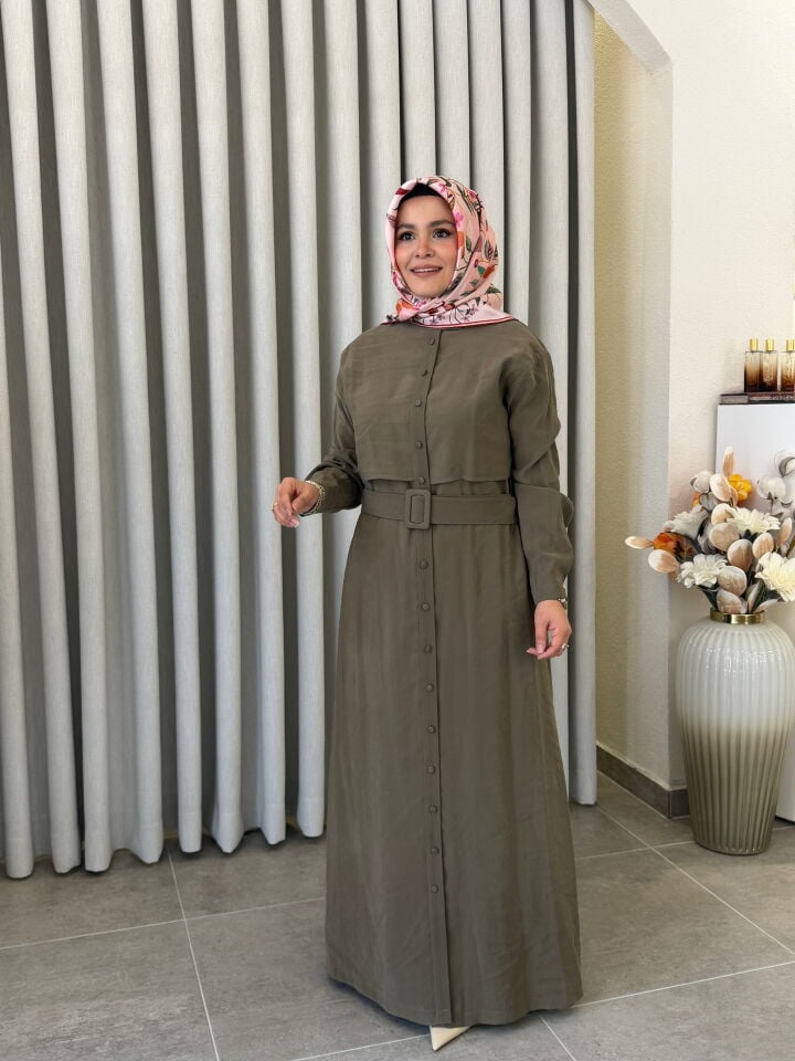 ARMİNE TREND TRENÇ MODEL TENCEL ELBİSE KÜL YEŞİLİ