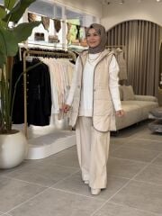 DERİ ŞARDONLU PANTOLON BOL PAÇA BEJ