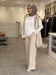 DERİ ŞARDONLU PANTOLON BOL PAÇA BEJ