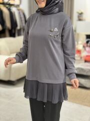 TIĞ TRİKO PLİSE DETAYLI AKSESUARLI TUNİK ANTRASİT