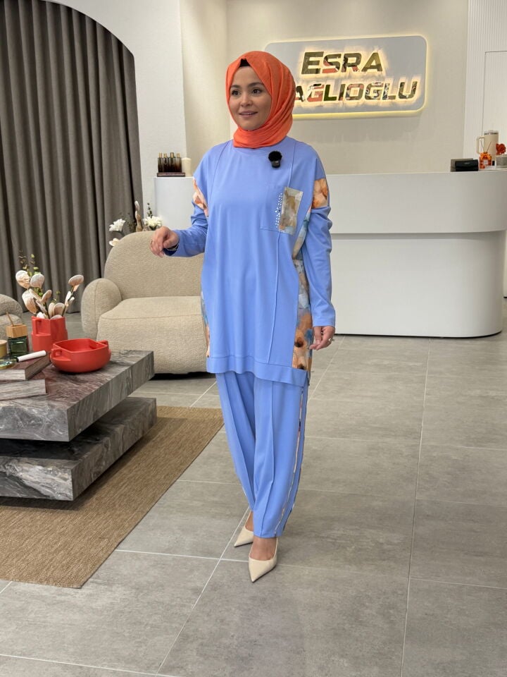 TIĞ TRİKO ŞIK DESENLİ PANTOLONLU TAKIM MAVİ