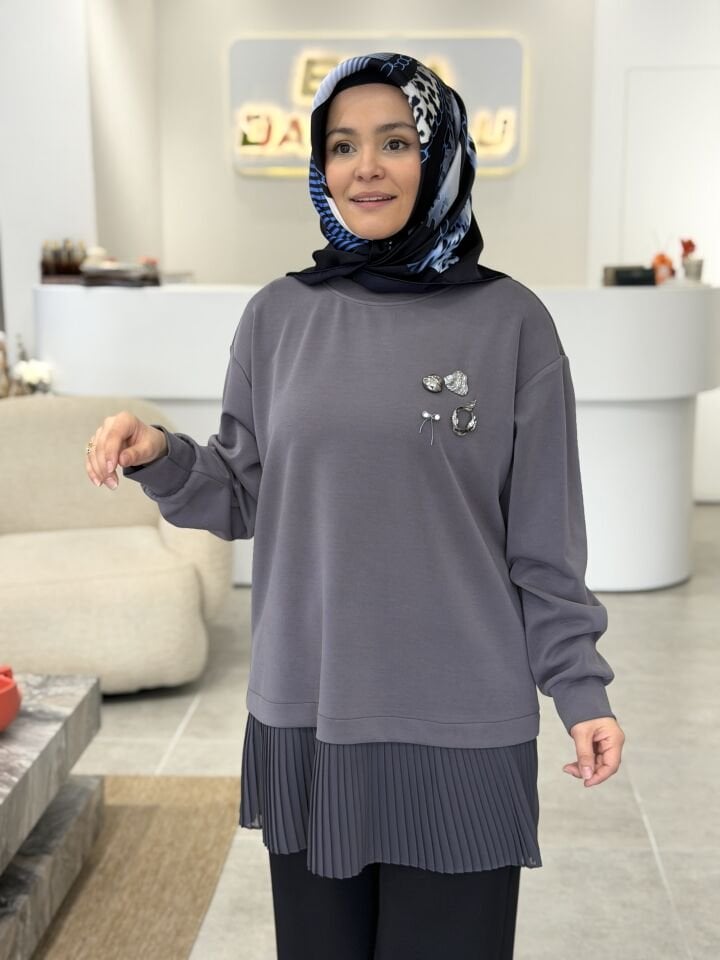 TIĞ TRİKO PLİSE DETAYLI AKSESUARLI TUNİK ANTRASİT