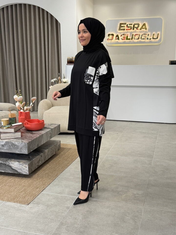 TIĞ TRİKO ŞIK DESENLİ PANTOLONLU TAKIM SİYAH