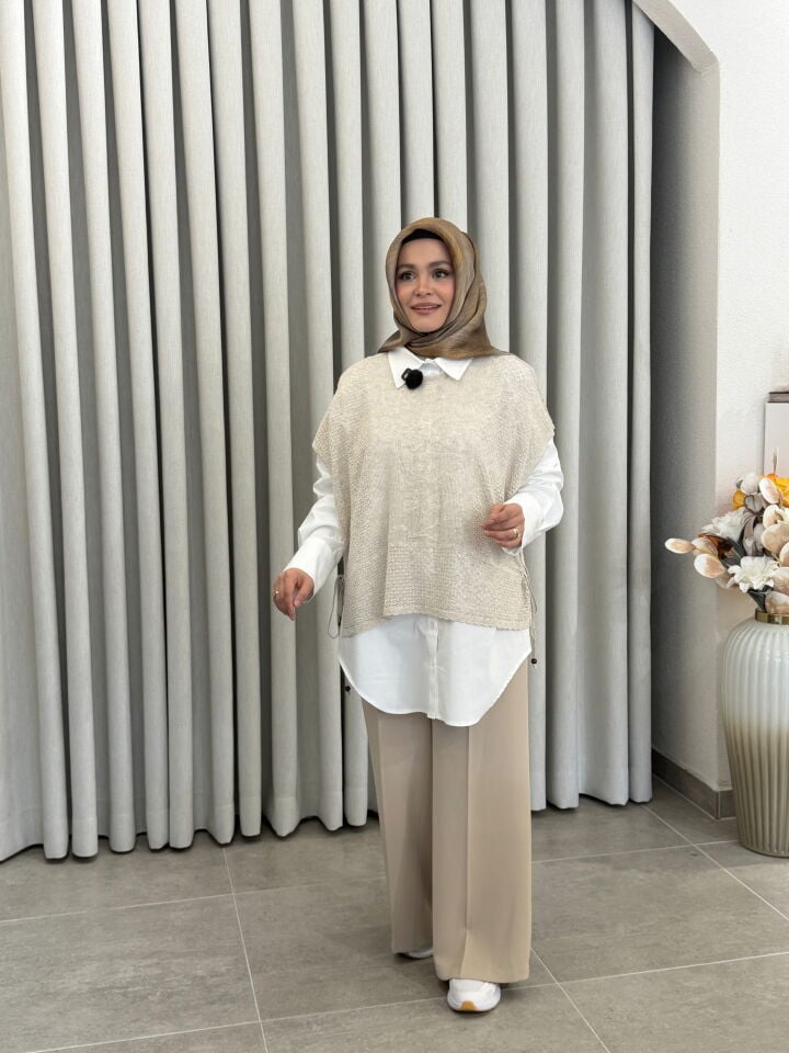 SENTEZ ARKASI LASTİKLİ GENİŞ PAÇA PANTOLON TAŞ