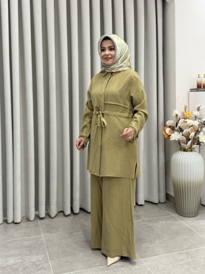 ARMİNE FİLE DETALI TENCEL PANTOLONLU TAKIM YAĞ YEŞİLİ