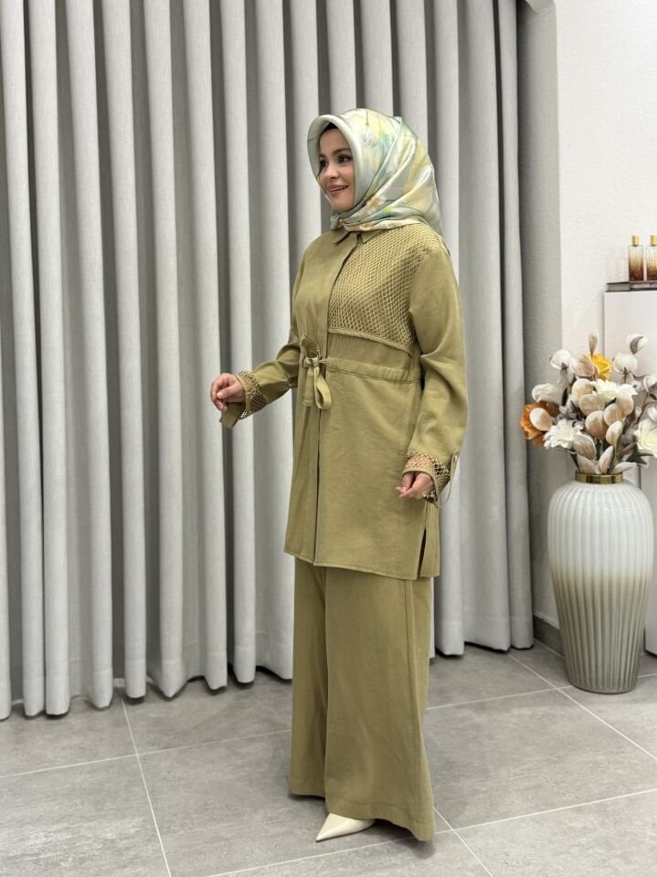 ARMİNE FİLE DETALI TENCEL PANTOLONLU TAKIM YAĞ YEŞİLİ