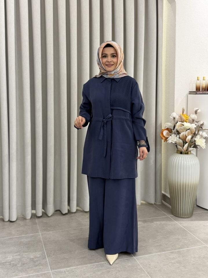 ARMİNE FİLE DETALI TENCEL PANTOLONLU TAKIM İNDİGO