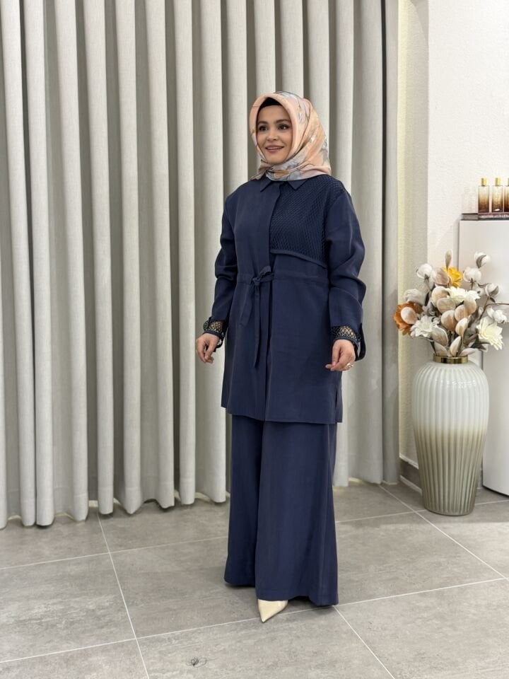 ARMİNE FİLE DETALI TENCEL PANTOLONLU TAKIM İNDİGO