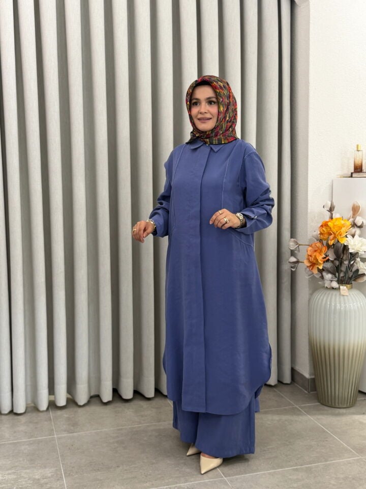 ARMİNE TAM BOY TENCEL PANTOLONLU TAKIM İNDİGO