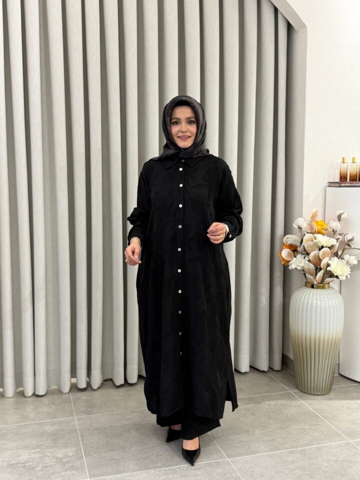 KADO DESENLİ PAMUK TENCEL PANTALONLU TAKIM SİYAH BÜYÜK BEDEN