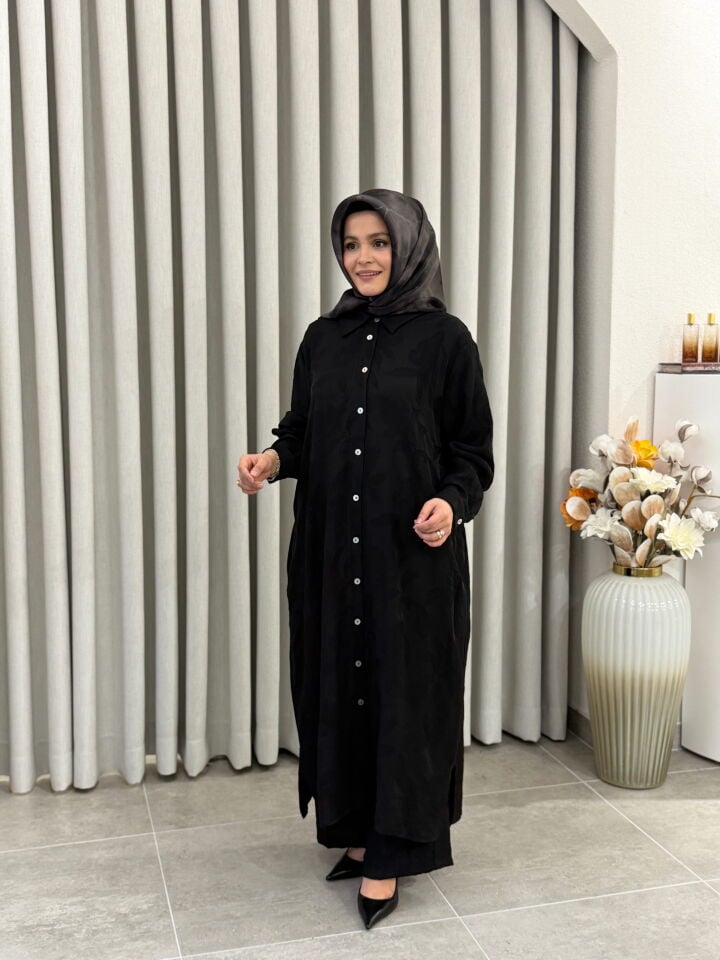 KADO DESENLİ PAMUK TENCEL PANTALONLU TAKIM SİYAH BÜYÜK BEDEN