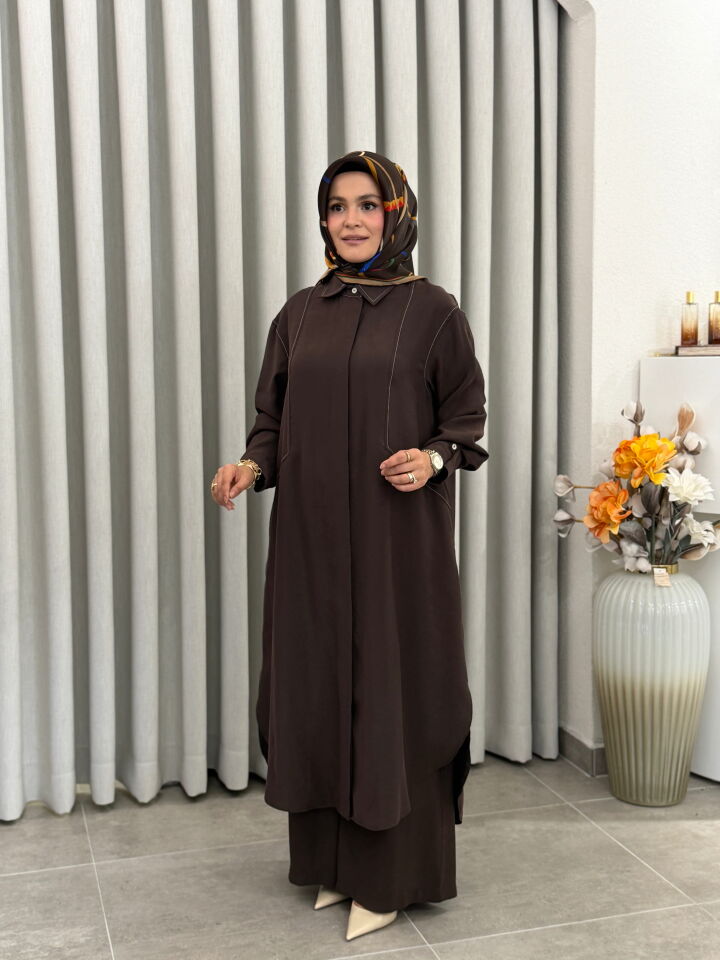 ARMİNE TAM BOY TENCEL PANTOLONLU TAKIM KAHVERENGİ