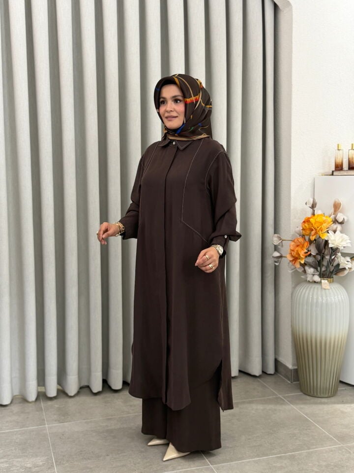 ARMİNE TAM BOY TENCEL PANTOLONLU TAKIM KAHVERENGİ