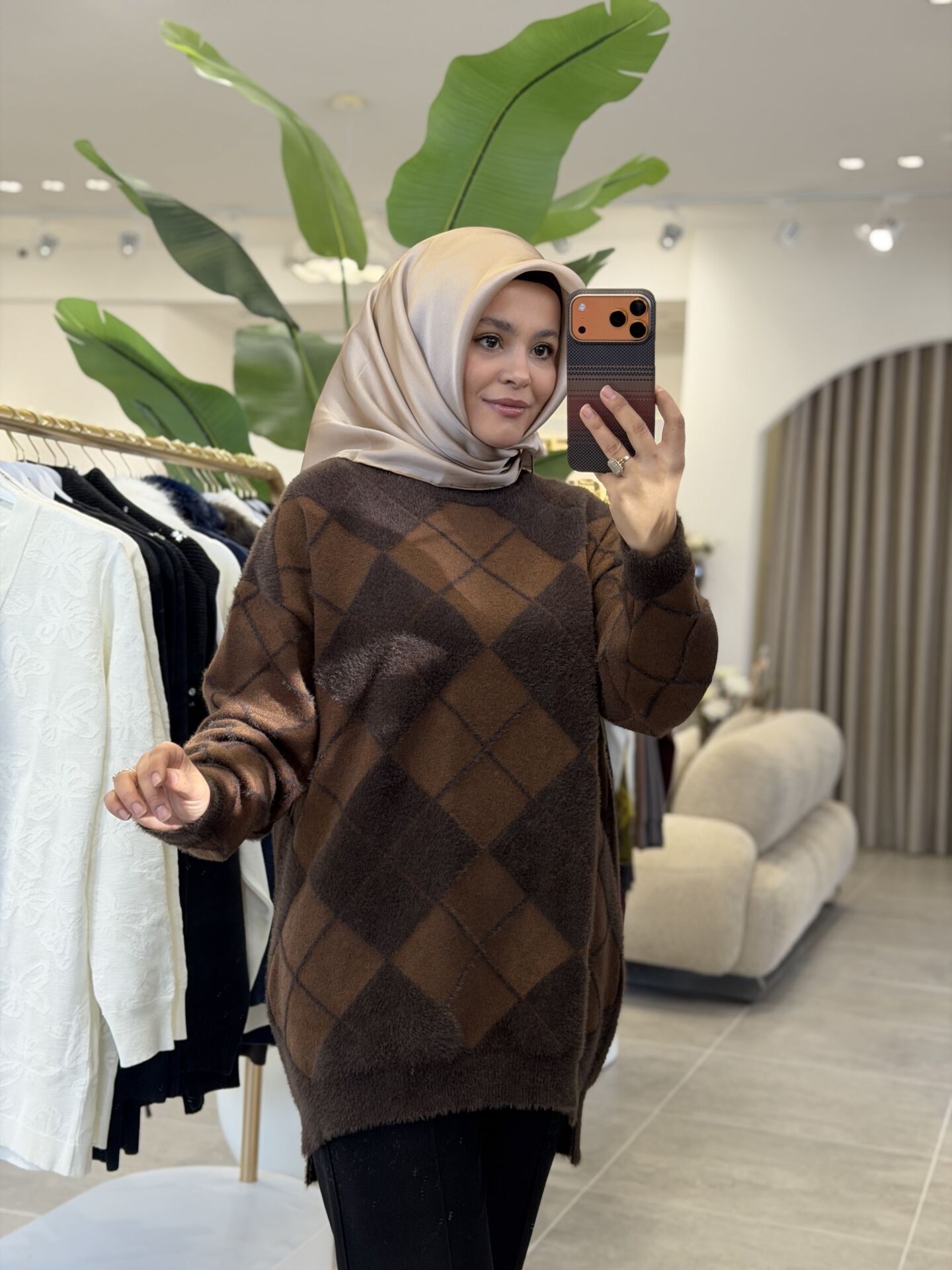 TIĞ TRİKO BAKLAVA DESENLİ TRİKO KAZAK KAHVE