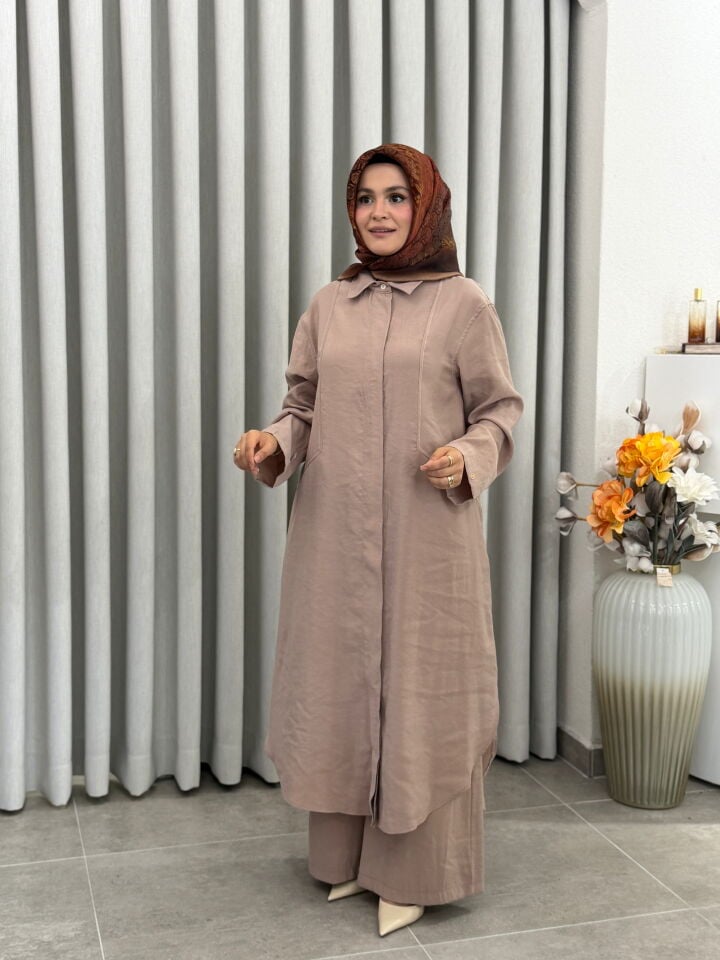 ARMİNE TAM BOY TENCEL PANTOLONLU TAKIM AÇIK VİZON
