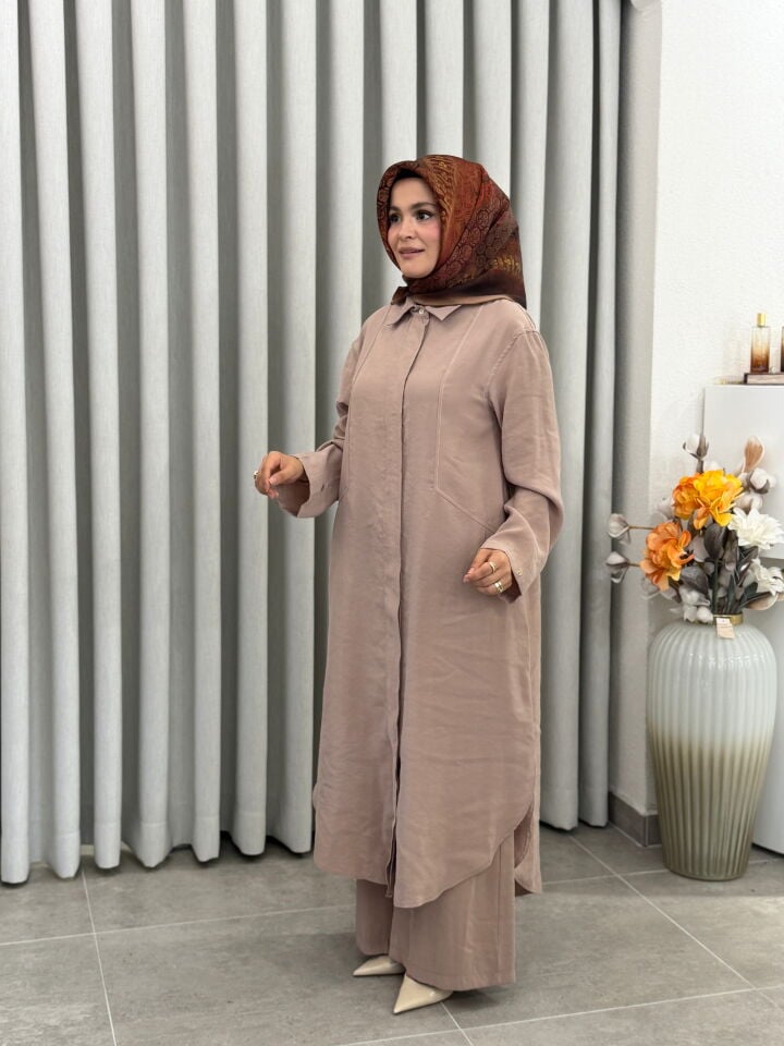 ARMİNE TAM BOY TENCEL PANTOLONLU TAKIM AÇIK VİZON