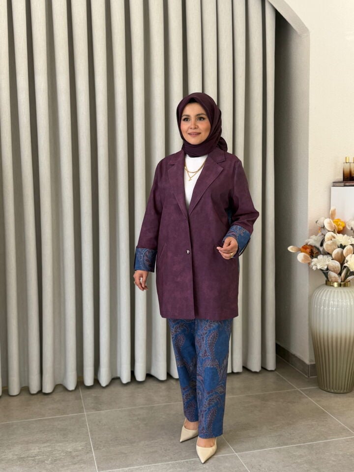 TIĞ TRİKO DESENLİ DENİM PANTOLONLU CEKETLİ TAKIM BORDO