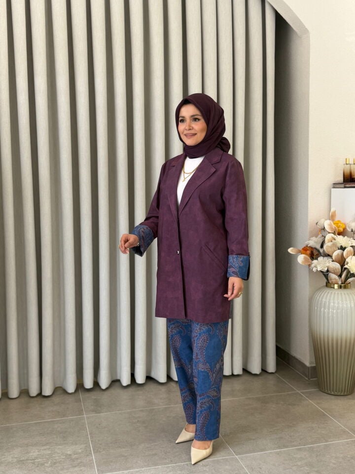 TIĞ TRİKO DESENLİ DENİM PANTOLONLU CEKETLİ TAKIM BORDO