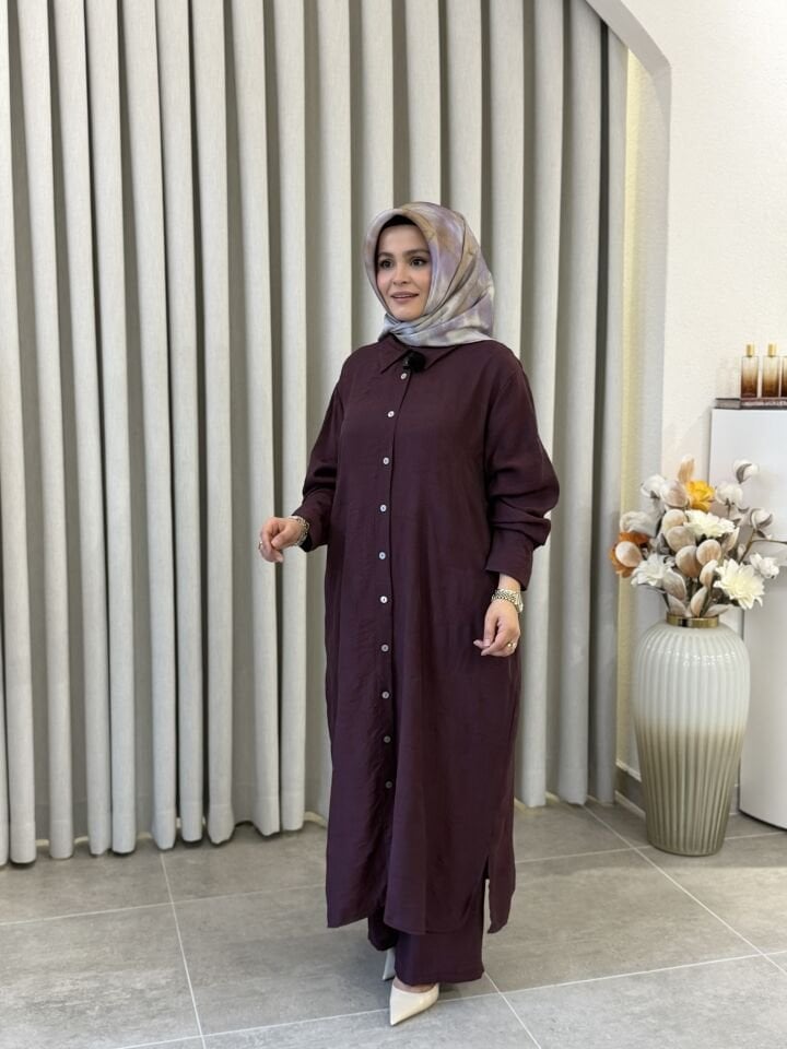 KADO DESENLİ PAMUK TENCEL PANTALONLU TAKIM MÜRDÜM BÜYÜK BEDEN